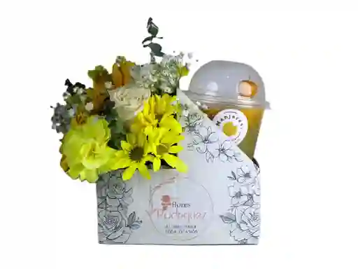 Flores Amarilas En Caja Con Soda De Frutos Amarillos