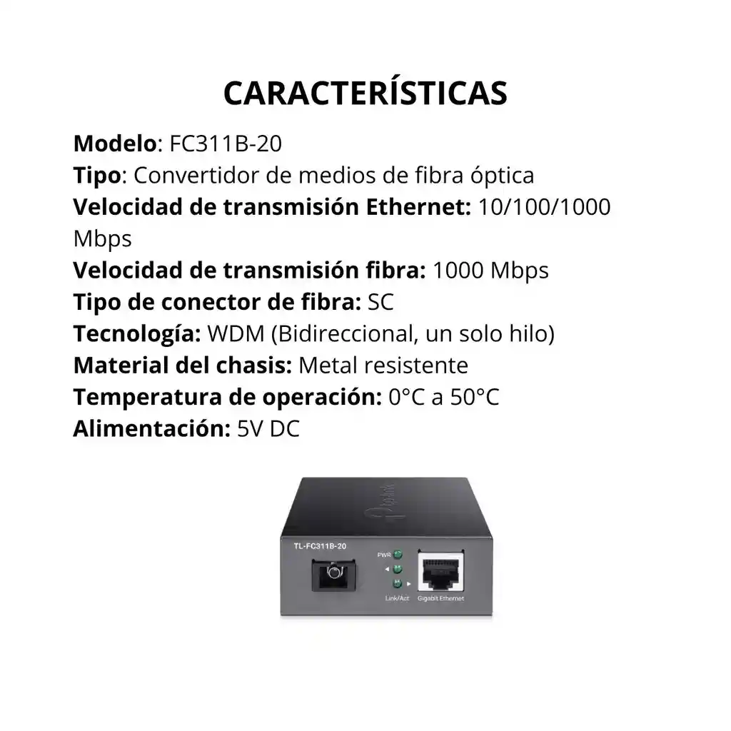 Convertidor De Fibra Bidireccional Sc Wdm De 10/100/1000 Mbps A 1000 Mbps Fc311b-20 Negro