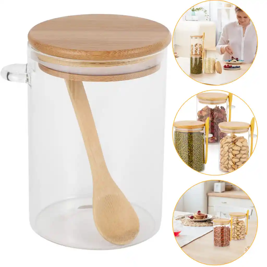 Vaso De Vidrio Con Tapa Y Cuchara De Bambu
