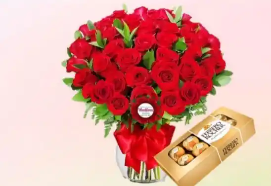 Jarron De Cristal Con 36 Rosas Rojas + Caja De Chocolate