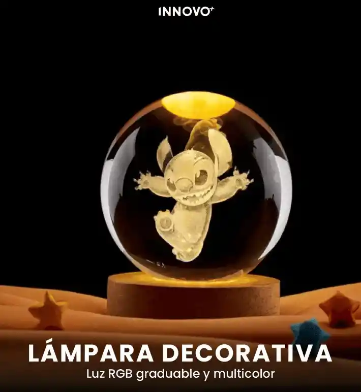 Lámpara Esfera Niños Stitch Cristal 3d Luz Rgb Decorativa Con Control Remoto