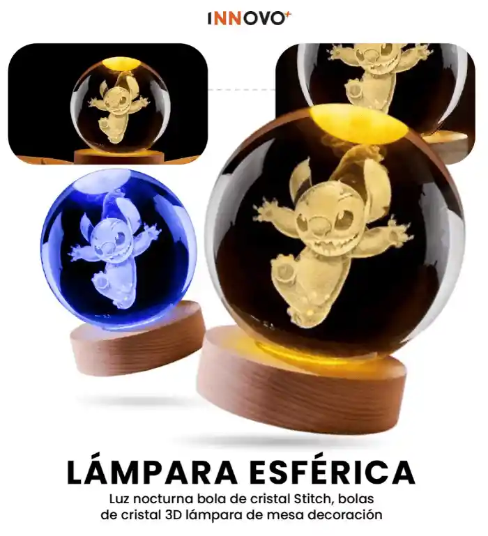 Lámpara Esfera Niños Stitch Cristal 3d Luz Rgb Decorativa Con Control Remoto