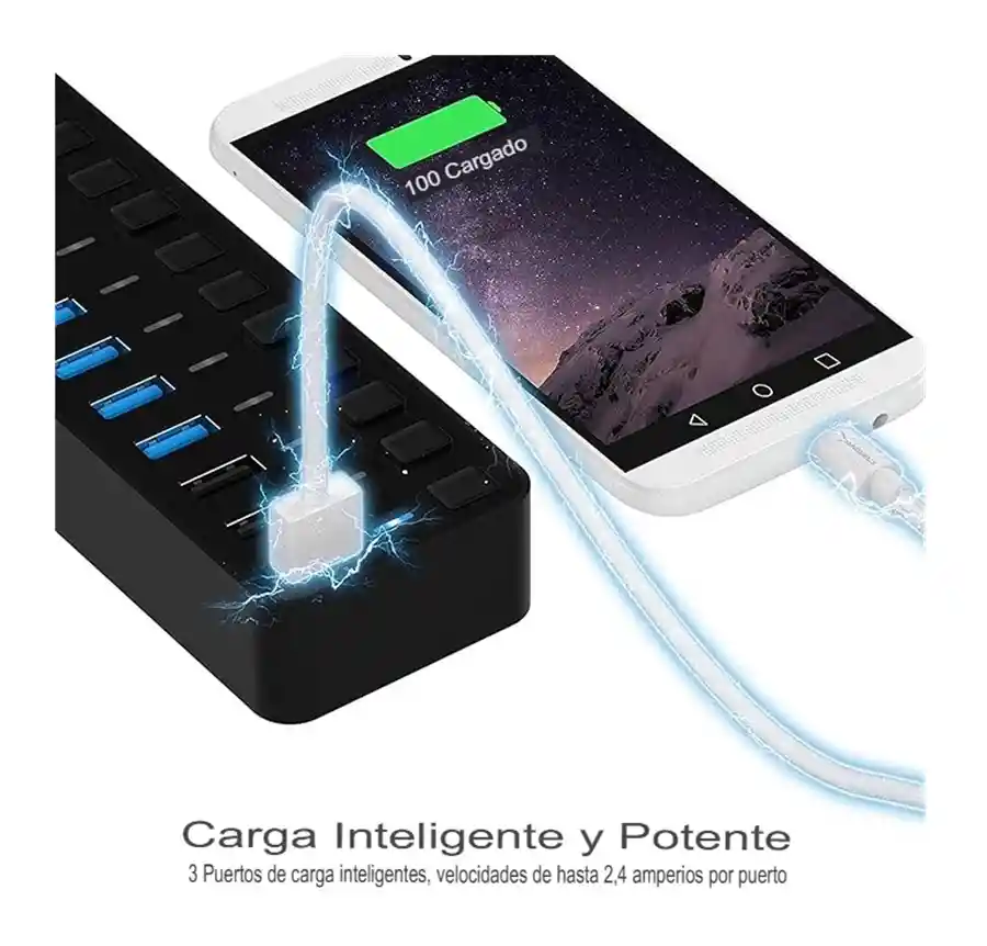 Sabrent Hub Usb 3.0 De 60w Turbo Carga Y Control 10 Puertos