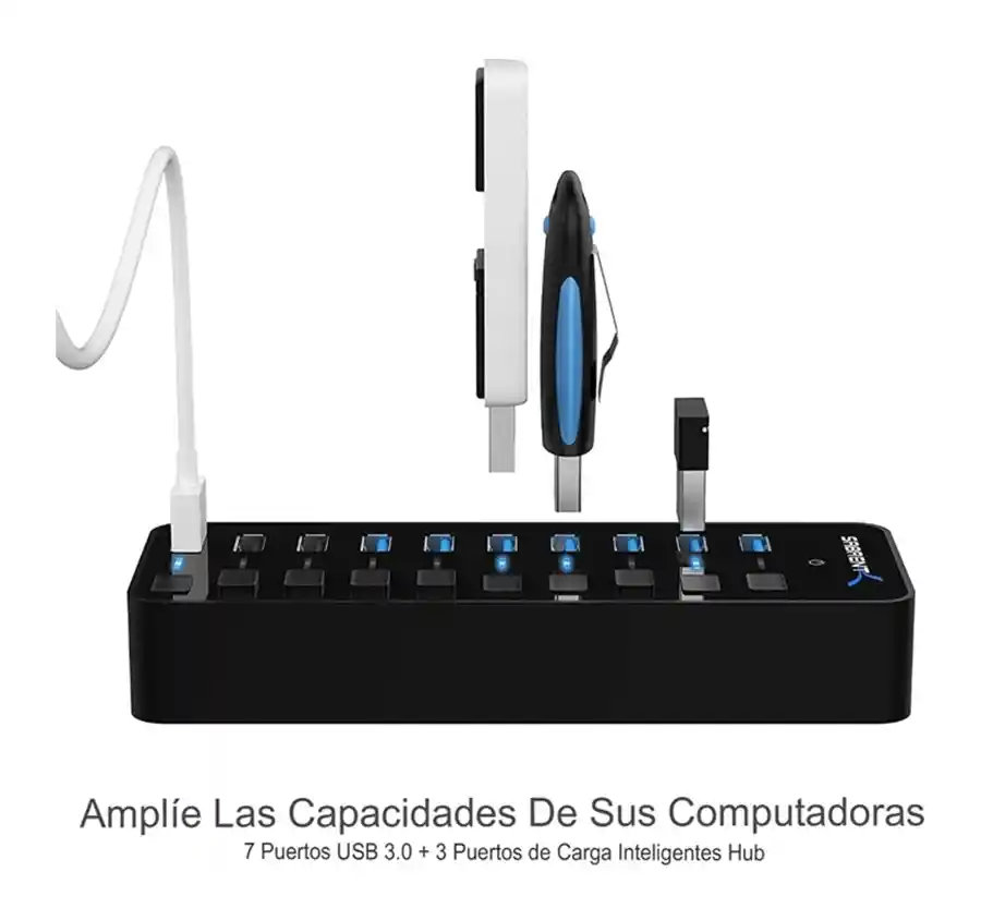 Sabrent Hub Usb 3.0 De 60w Turbo Carga Y Control 10 Puertos