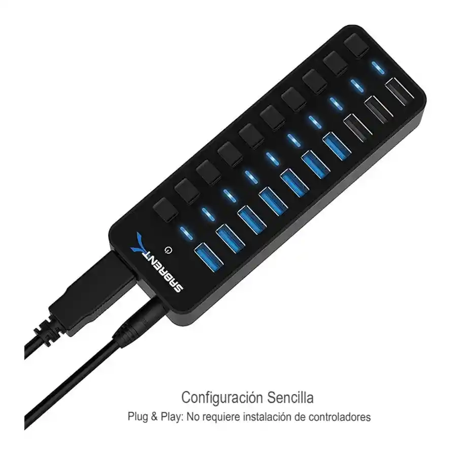 Sabrent Hub Usb 3.0 De 60w Turbo Carga Y Control 10 Puertos