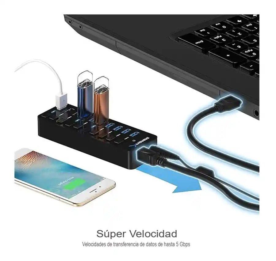 Sabrent Hub Usb 3.0 De 60w Turbo Carga Y Control 10 Puertos