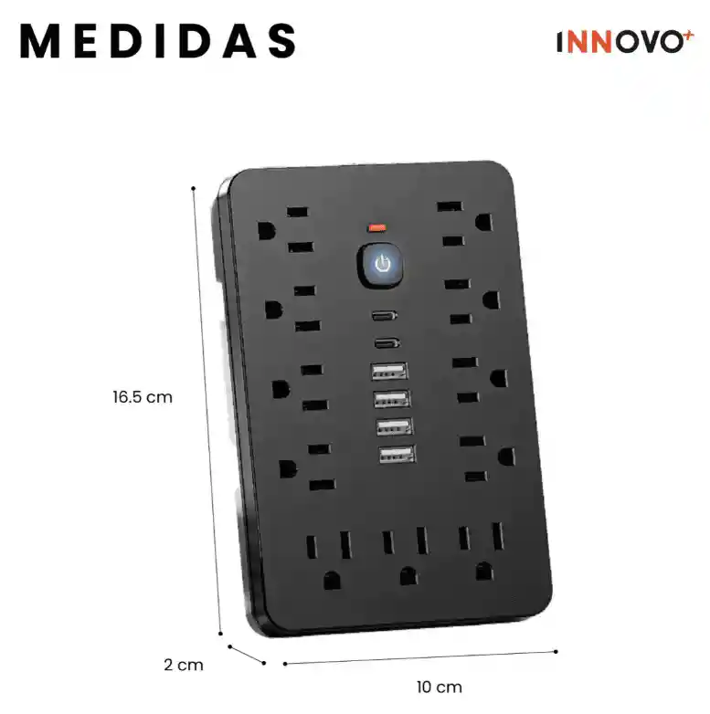 Multitoma 17 En 1 Regleta Eléctrica 11 Tomas 6 Usb Carga Rápida Usb-c Protección Sobrecarga Negro