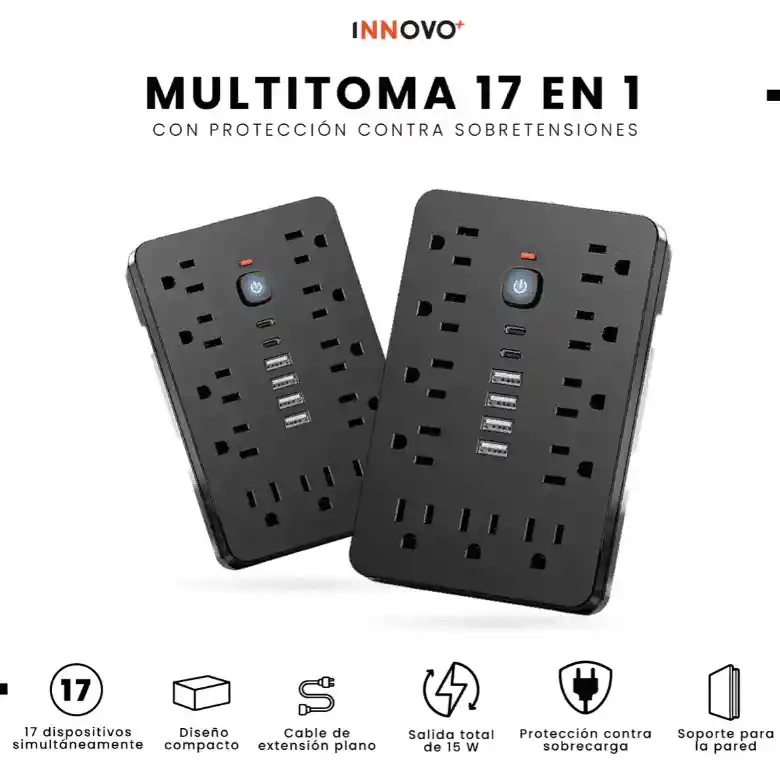 Multitoma 17 En 1 Regleta Eléctrica 11 Tomas 6 Usb Carga Rápida Usb-c Protección Sobrecarga Negro