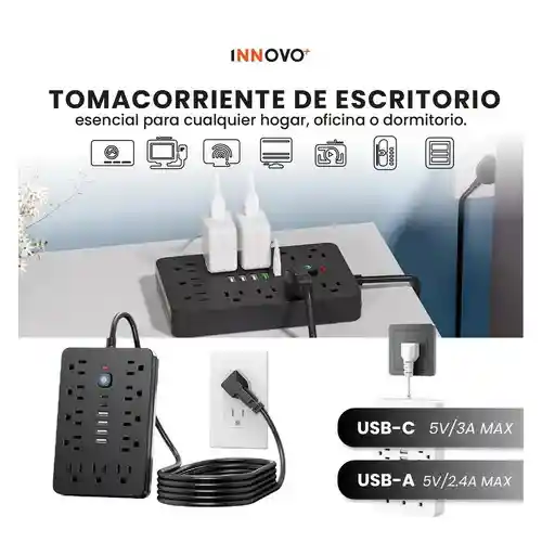 Multitoma 17 En 1 Regleta Eléctrica 11 Tomas 6 Usb Carga Rápida Usb-c Protección Sobrecarga Negro