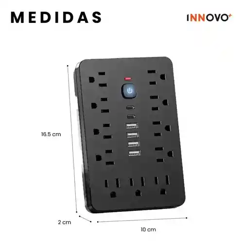 Multitoma 17 En 1 Regleta Eléctrica 11 Tomas 6 Usb Carga Rápida Usb-c Protección Sobrecarga Negro