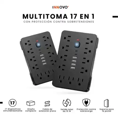 Multitoma 17 En 1 Regleta Eléctrica 11 Tomas 6 Usb Carga Rápida Usb-c Protección Sobrecarga Negro