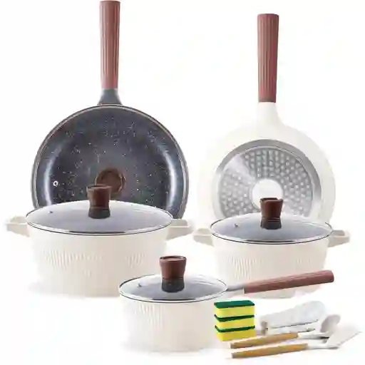Bateria De Ollas 16 Piezas Marmol Antiadherentes Tapa Vidrio