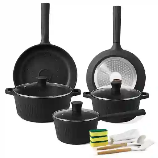 Bateria De Ollas 16 Piezas Marmol Antiadherentes Tapa Vidrio