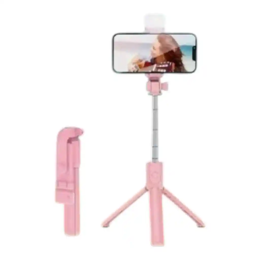 Palo Selfie Con Luz Trípode Con Control Inalámbrico Rosa