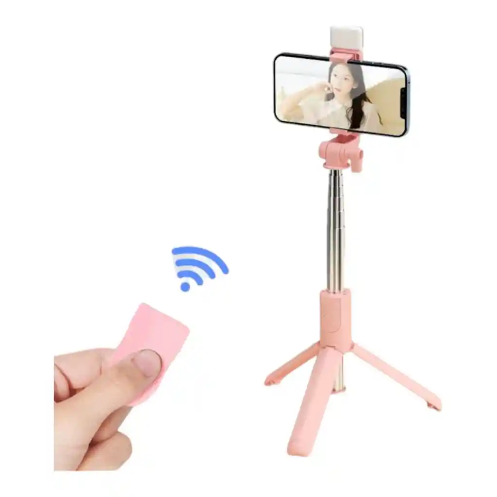 Palo Selfie Con Luz Trípode Con Control Inalámbrico Rosa