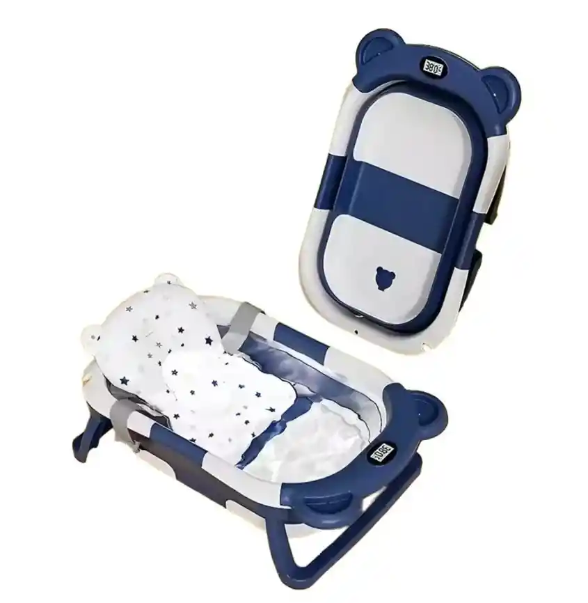Tina Bañera Plegable Bebe Azul Con Desague Termometro Y Cojin
