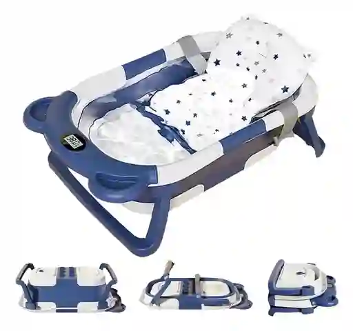 Tina Bañera Plegable Bebe Azul Con Desague Termometro Y Cojin
