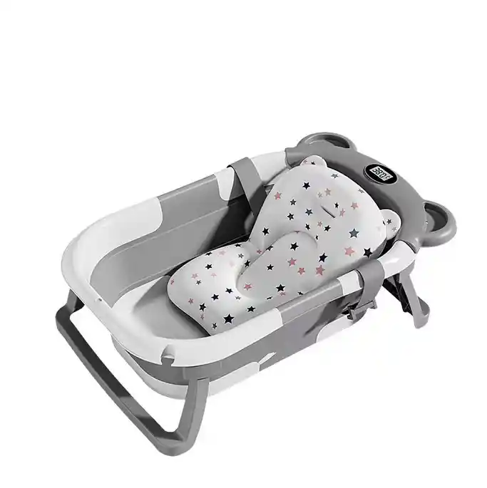 Tina Bañera Plegable Bebe Gris Con Desague Termometro Y Cojin