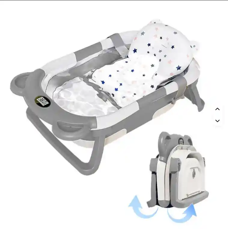 Tina Bañera Plegable Bebe Gris Con Desague Termometro Y Cojin