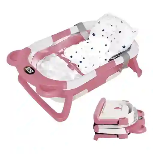 Tina Bañera Plegable Bebe Rosa Con Desague Termometro Y Cojin