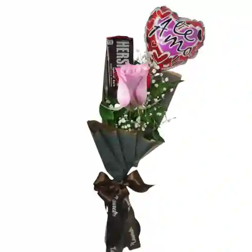 Ramo De 1 Rosa Rosada, Chocolate Y Globo