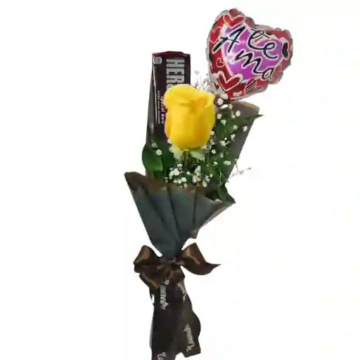 Ramo De 1 Rosa Amarilla, Chocolate Y Globo