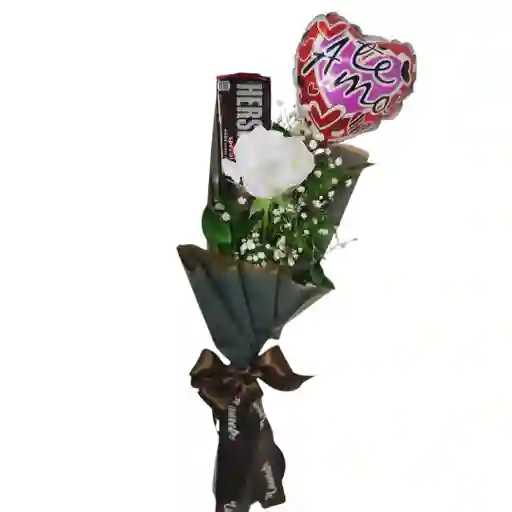 Ramo De 1 Rosa Blanca, Chocolate Y Globo