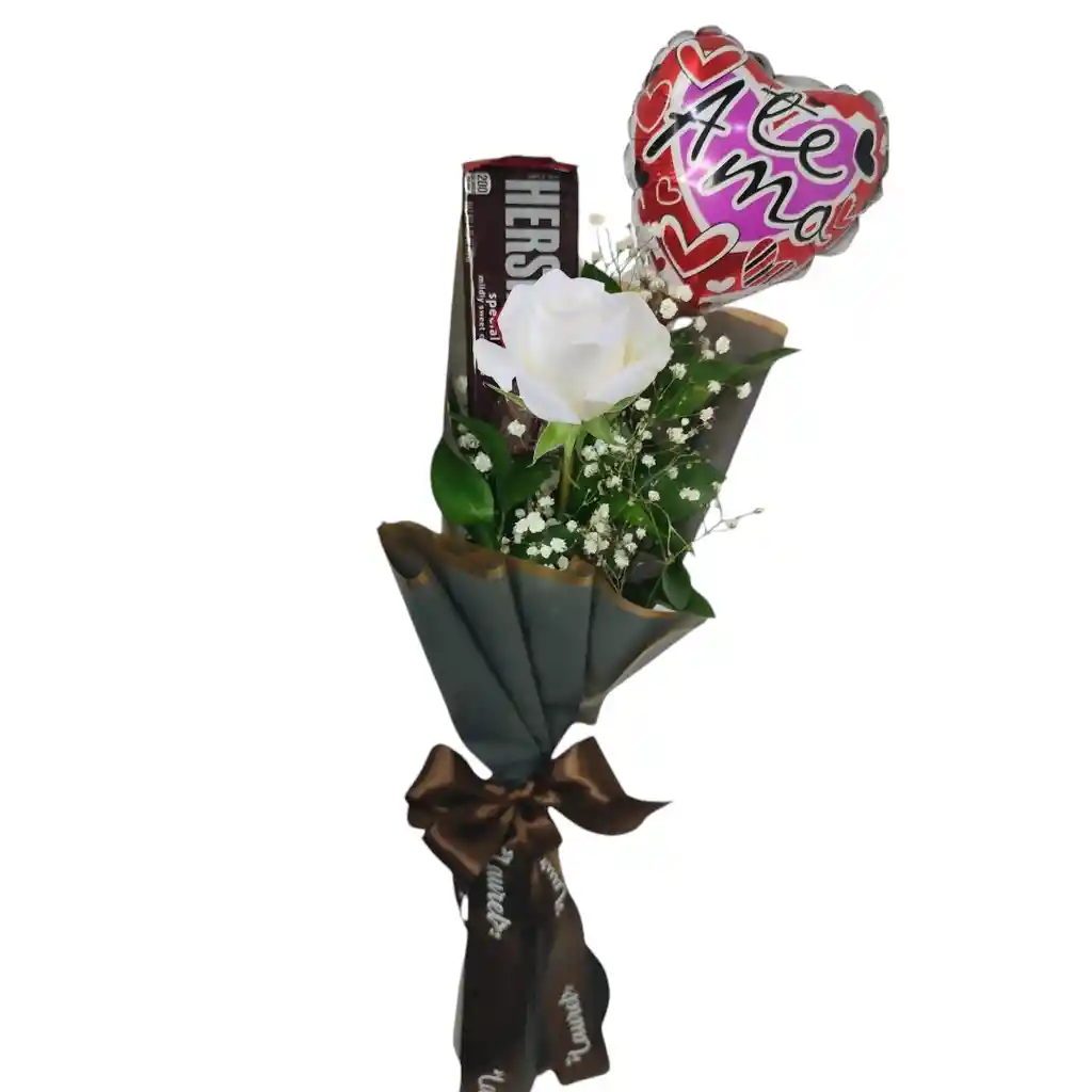 Ramo De 1 Rosa Blanca, Chocolate Y Globo