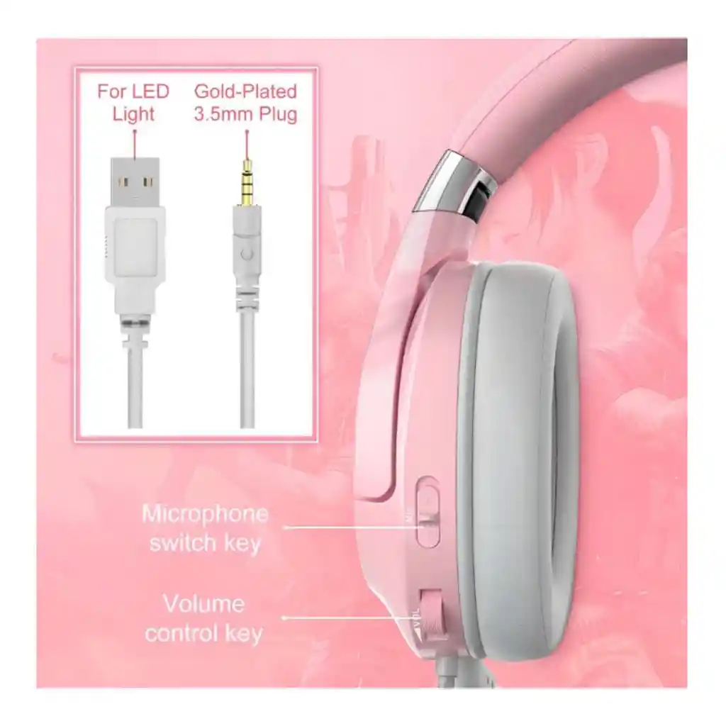 Audifonos Diadema Gamer Onikuma K15 Rosados Con Luz Rgb Led