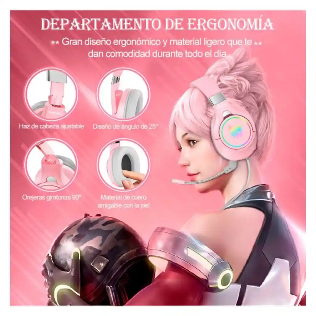Audifonos Diadema Gamer Onikuma K15 Rosados Con Luz Rgb Led