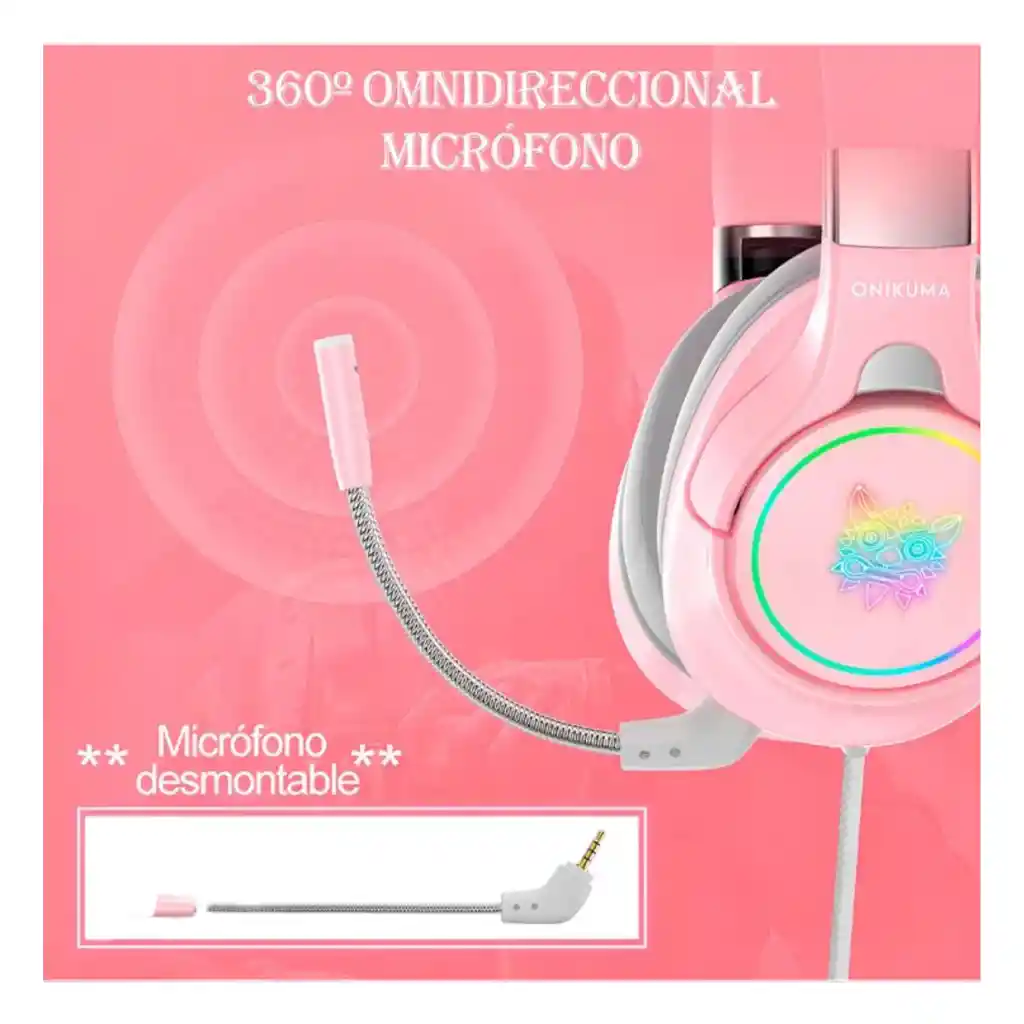 Audifonos Diadema Gamer Onikuma K15 Rosados Con Luz Rgb Led