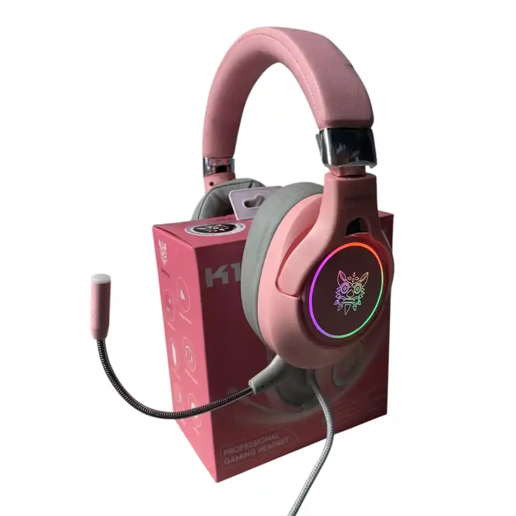 Audifonos Diadema Gamer Onikuma K15 Rosados Con Luz Rgb Led