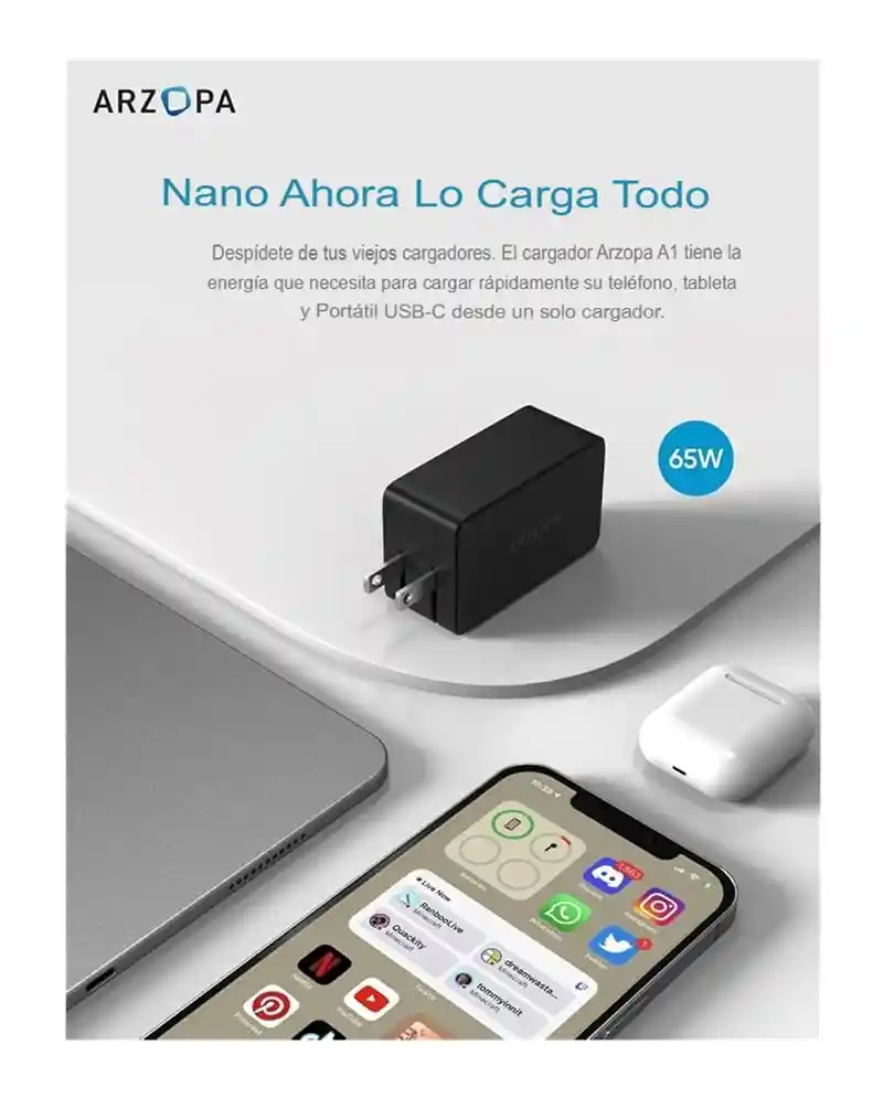 Cargador Rápido Arzopa Gan 65w Usb C - Eficiente Y Portátil