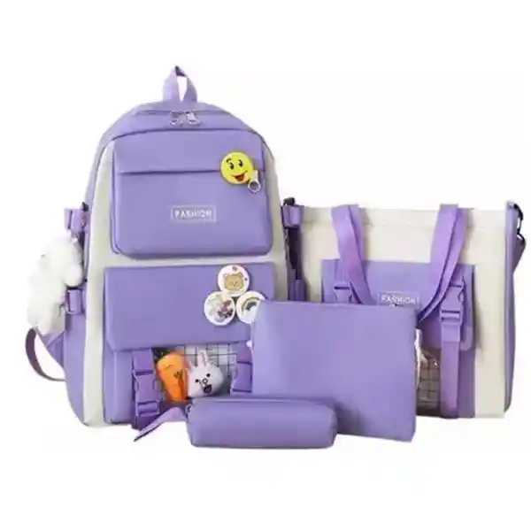 Maleta Mochila Morral Bolso Estuche Escolar Viajero 5 Piezas Morado