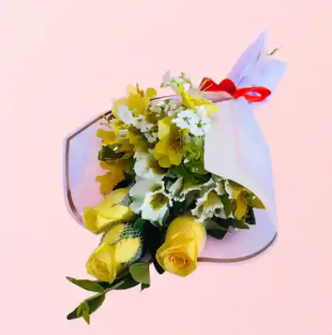 Bouquet X3 Rosas Amarillas Y Astromelias