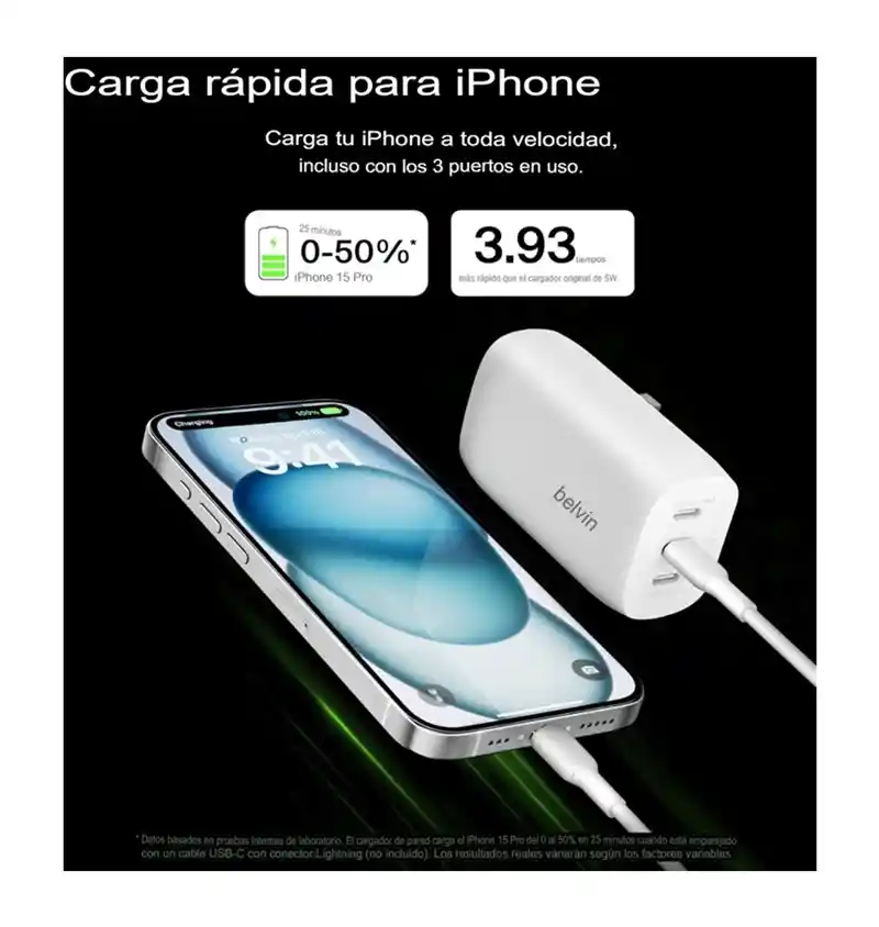 Cargador Belkin Usb C 67w 3 Puertos Para Iphone Y Galaxy