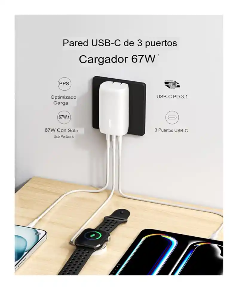 Cargador Belkin Usb C 67w 3 Puertos Para Iphone Y Galaxy