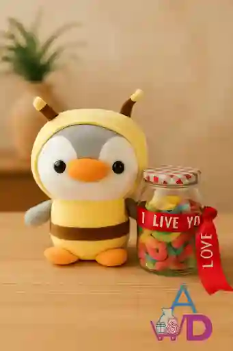 💛 Set Peluche Pingüino Abejita + Frasco De Gomitas