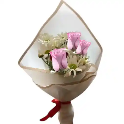 Bouquet De 3 Rosas Rosadas Y Margaritas