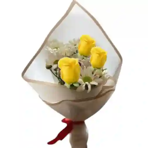 Bouquet De 3 Rosas Amarillas Y Margaritas