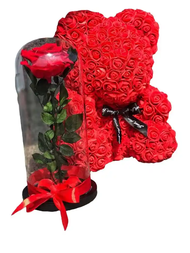 Rosa Preservada Con Oso De Rosdas