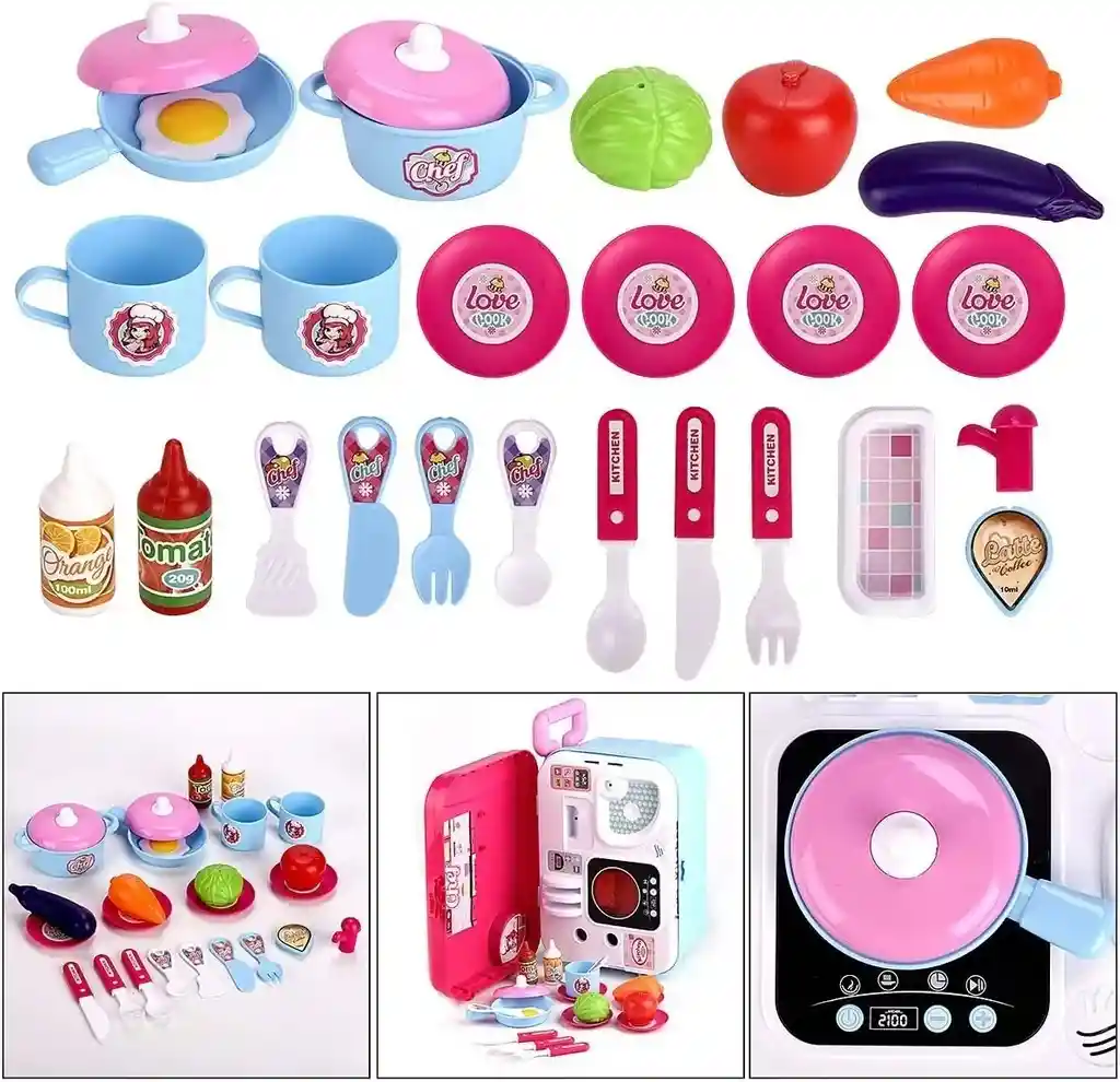 Cocina Maleta Con Accesorios Portátil Niña Didáctica 3-1