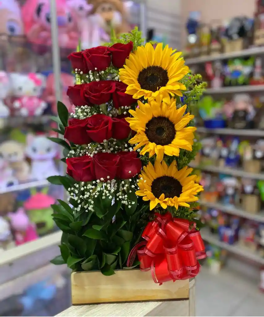 Ramo 12 Rosas Rojas 3 Girasoles
