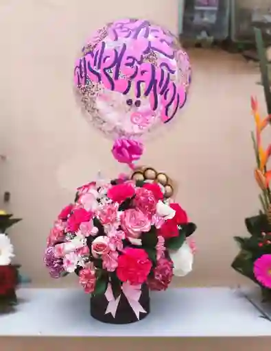 Flores Y Rosas De Colores En Base Cilindrica Con Chocolate Ferrero Y Globo