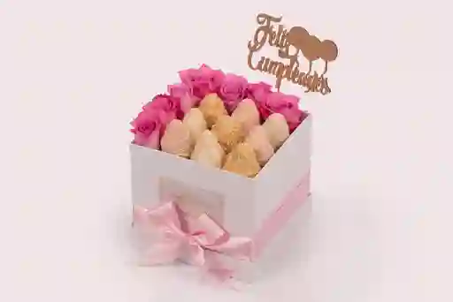 Caja Pequeña De Rosas Y Fresas Con Chocolate, Feliz Cumpleaños
