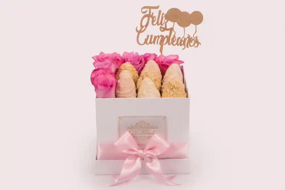 Caja Pequeña De Rosas Y Fresas Con Chocolate, Feliz Cumpleaños