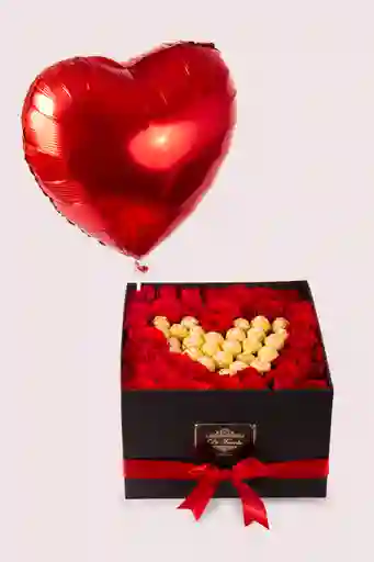 Rosas Caja De Lujo Cuadrada Grande Con Rosas De Exportación Y Ferrero Formándono Corazón + 1 Globo Metalizado Rojo