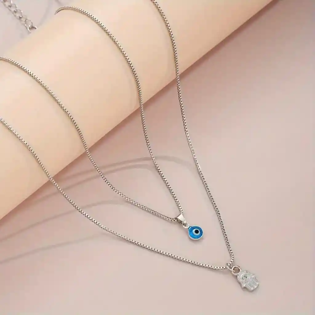 Cadena Doble Mano Hamsa - Ojo Turco Plateada