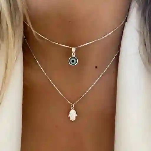 Cadena Doble Mano Hamsa - Ojo Turco Plateada