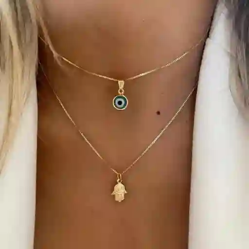 Cadena Doble Mano Hamsa - Ojo Turco Dorado